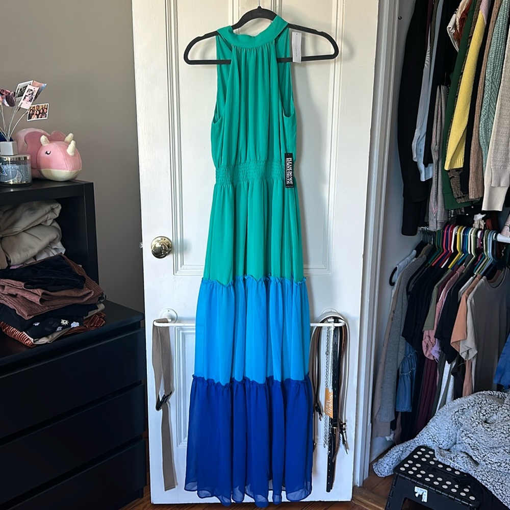 XS Beautiful blue and green halter dress with bow in the back